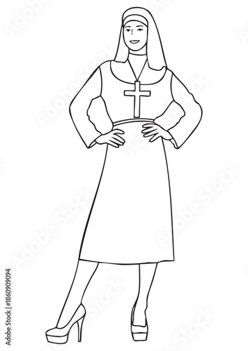 Black and white sketch style vector illustration of a nun with knee length skirt, high heel shoes and large cross necklace, bold thick lines, hand drawn line art silhouette, coloring page, print ready
