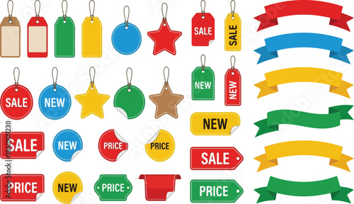 Colorful Retail Sale Tags and Discount Ribbon Banners - Set of Price Labels, New Arrival Stickers, and Promotional Badges