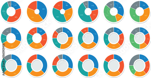 Set of Infographic Doughnut Charts - Colorful Circular Data Visualization Diagrams with Percentages