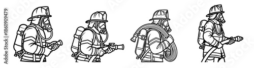 Firefighters in action, responding to emergency situations with equipment, standing by to rescue people from dangerous environments.