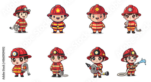 Cartoon firefighters in various poses with equipment, showcasing firefighting actions and tools in a simple, illustrative style.