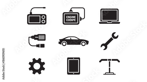 Various black icons representing technology and automotive tools on a white background viewed from directly above