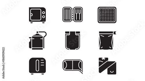 Collection of kitchen appliance icons displayed on a white background