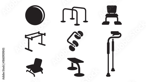 Various fitness equipment icons representing different exercise routines and gym activities in a simple illustration style.