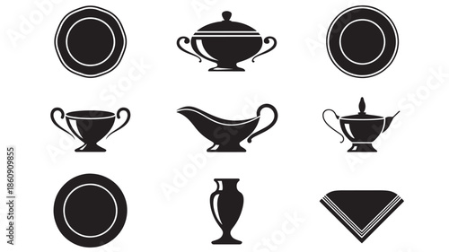 Collection of black and white dinnerware silhouettes arranged neatly on a white background