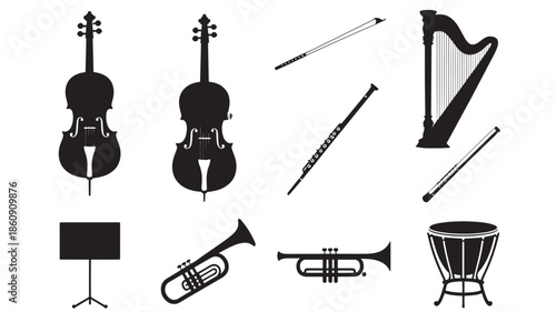Various musical instruments silhouetted against a plain white background