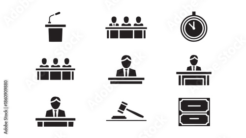 Judge delivering verdict in courtroom with gavel and timer