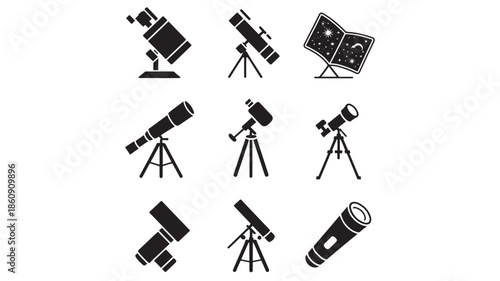 Collection of various telescopes and camera equipment on tripods displayed against a plain white background