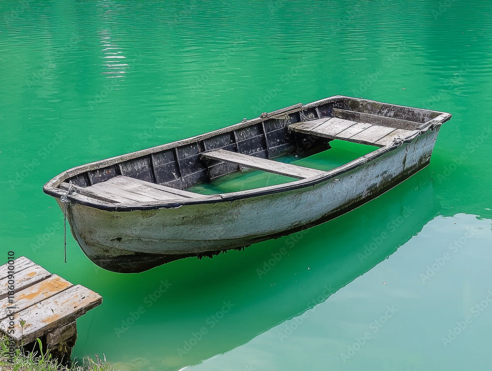 Obraz premium Weathered wooden rowboat partially submerged in vibrant turquoise water next to a small wooden pier, reflecting the bright green lake