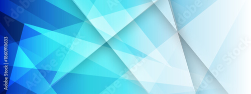 Abstract background contains overlapping blue and white geometric shapes