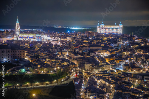 A serene spring dusk panorama of Toledo, Spain, seen from Mirador del Valle, showcasing its iconic skyline.