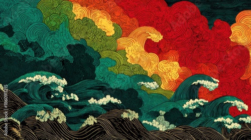 crashing waves and clouds forming a vertical rainbow gradient. The colors act as a flowing spectrum, starting from deep black-navy and dark blue at the bottom waves, transitioning smoothly upwards thr