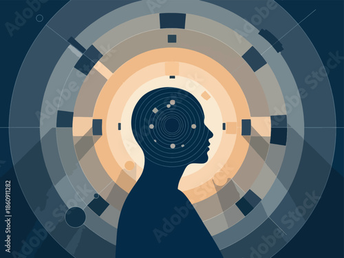 A stylized silhouette of a human head in profile with concentric circles and geometric shapes representing thought, data, and mental processes.