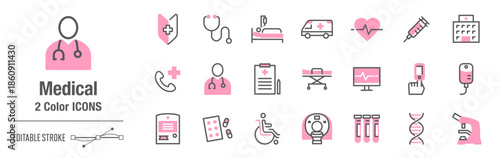 抜け感のあるカジュアルな２色・アイコンセット｜医療・病院関連 [線の編集可能]