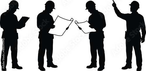 Construction engineer silhouette set showing site supervisors reviewing blueprints inspecting documents and giving directions isolated on white background vector illustration