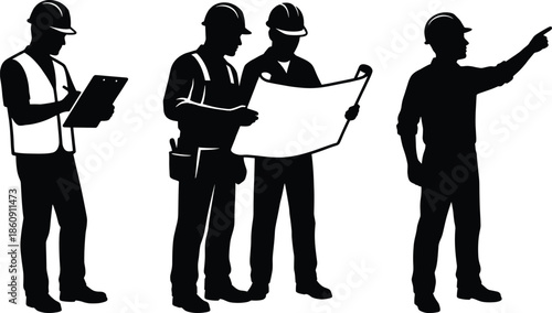 Construction supervisor silhouette set showing engineers inspecting clipboard reviewing blueprint and pointing directions on site isolated on white background vector illustration