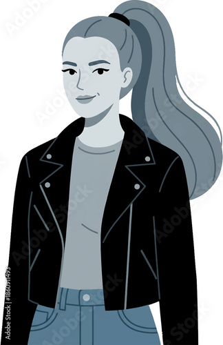 Confident young woman with a high ponytail in a leather jacket posing stylishly in a modern illustration