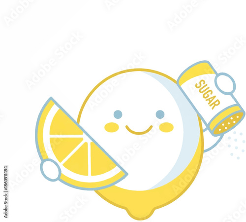 Cute Cartoon Lemon Character Sprinkling Sweet Sugar on a Fresh Citrus Slice