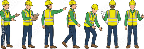 Construction worker character set showing safety vest helmet gestures communication inspection actions isolated on white background flat vector illustration