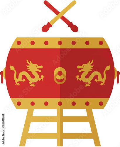 Vibrant Traditional Dragon Drum with Crossed Drumsticks for Cultural Celebrations Icon