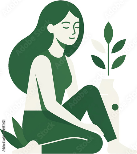 Serene Woman Meditating with Plants, Illustration of Inner Peace and Nature's Calm