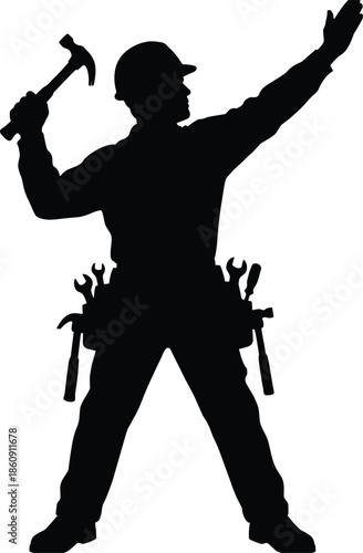 Construction worker silhouette showing confident builder holding hammer and raising hand wearing tool belt isolated on white background vector illustration