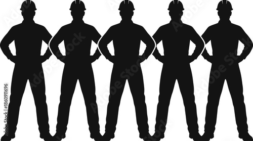 Construction worker silhouette team showing strong builders with hands on hips wearing safety helmets isolated on white background vector illustration