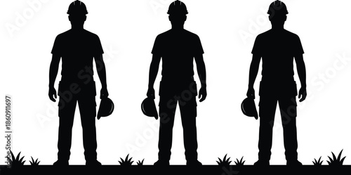 Construction worker silhouette group holding safety helmets standing outdoors teamwork workforce concept isolated on white background vector illustration