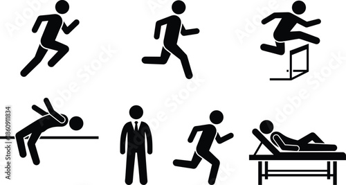 Sport activity silhouette icon set showing running hurdling high jump sprint and rest positions isolated on white background vector illustration