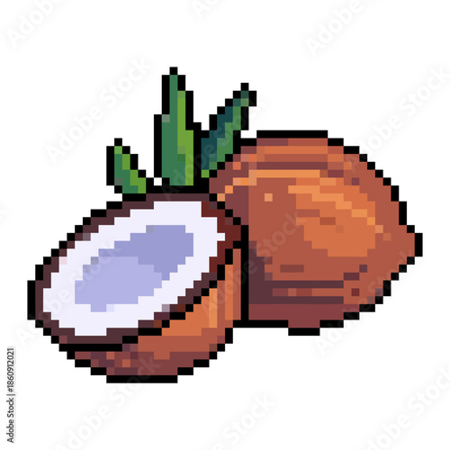 Pixel old coconut vector for tropical survival games. Ideal for brown husks, hard shells, ingredients, and retro 8-bit island nature resources.