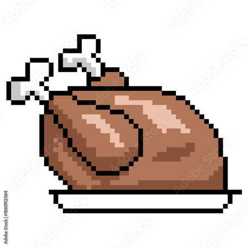 Pixel roasted chicken vector for RPG food items. Ideal for health recovery icons, Thanksgiving feasts, holiday dinners, and retro 8-bit cooking games.