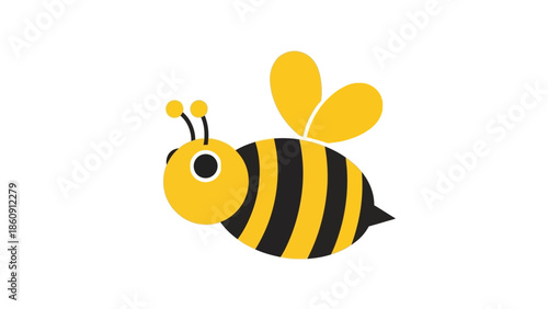 A cute cartoon bee with yellow and black stripes and wings flying on a white background, depicted in a simple graphic style.