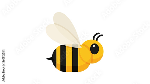 A cute cartoon bee with yellow and black stripes and translucent wings flying.