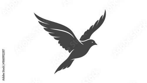 Elegant black silhouette of a dove in graceful flight with wings spread against a clean white background, symbolizing peace and freedom.