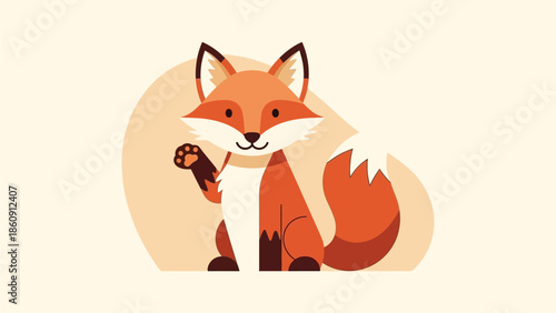 A cute cartoon fox with orange fur and white markings, sitting and waving its paw.
