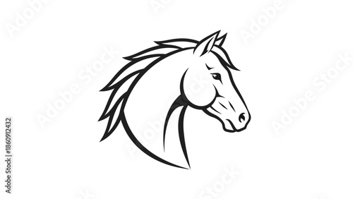 Black and white illustration of a horse head in profile, depicting a strong and majestic equine animal.