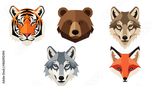 Stylized geometric animal heads featuring a tiger, bear, two wolves, and a fox on a white background.