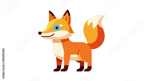 Stylized cartoon fox with vibrant orange fur, white chest, and bushy tail standing on a clean white background, looking friendly and alert.