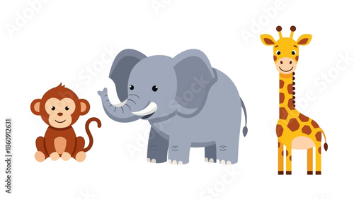 Cute cartoon monkey, elephant, and giraffe standing together on a white background.