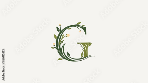 Elegant letter g adorned with green leaves and delicate floral buds