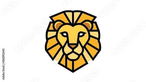 A stylized and geometric golden lion's head logo with a radiating mane and black outlines on a white background.