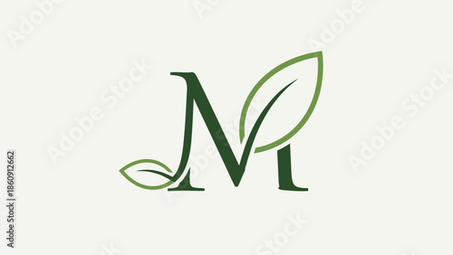 Elegant M initial letter logo with green leaves representing nature and growth