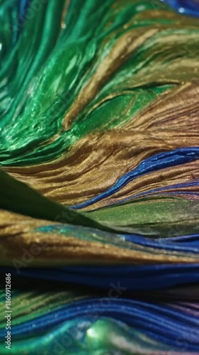 Abstract, vibrant, textured waves of green, gold, and blue colors form a swirling pattern