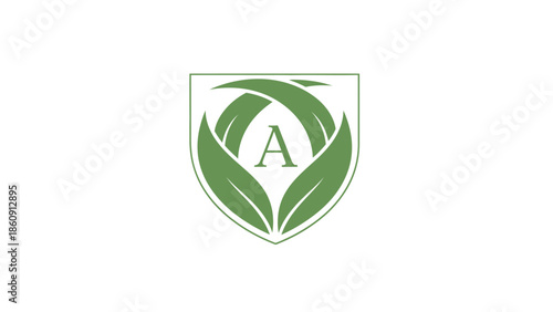 Green leaf emblem logo with letter A inside a shield shape for nature brands