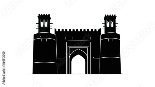 Iconic black silhouette of a grand historic fortress gate with imposing towers and crenellated walls