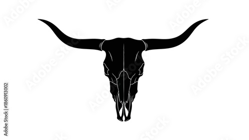 Iconic Black Silhouette of a Longhorn Bull Skull with Wide Horns on White