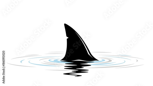 Iconic black shark fin emerging from rippling water surface with reflection