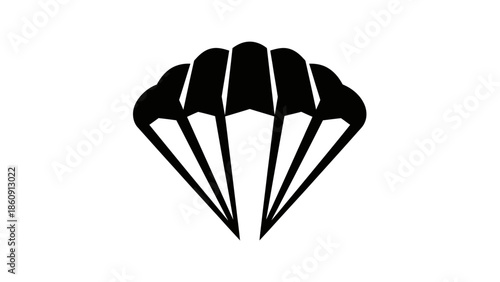 Iconic black silhouette of a parachute deployed against a white background representing adventure