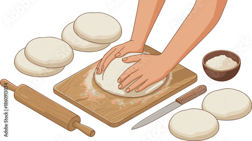 Bread making illustration with hands kneading dough on wooden board, baking tools, fresh dough portions, homemade bakery preparation process scene