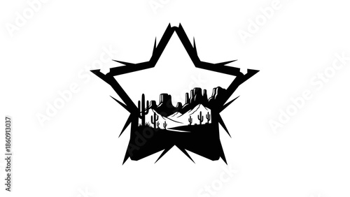 Iconic desert landscape silhouette within a sharp star frame symbolizing freedom and adventure